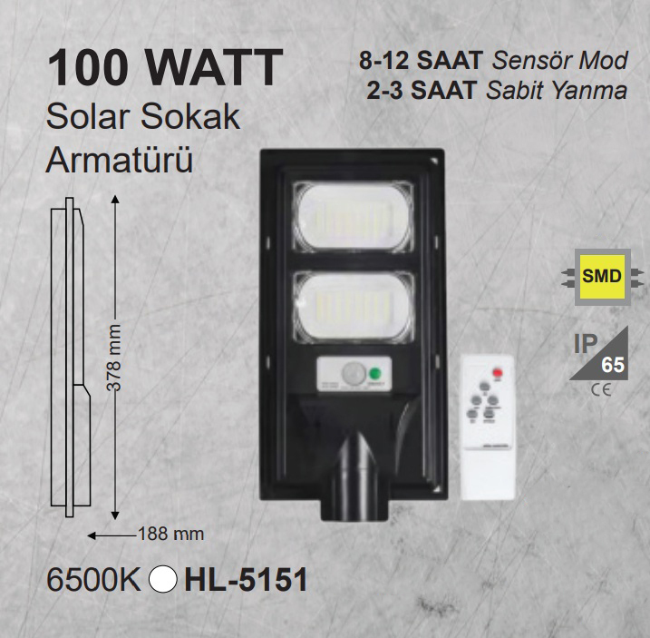 100W Güneş Enerjili Solar LED Sokak Armatürü – IP65 Su Geçirmez, Sensörlü Beyaz Işık