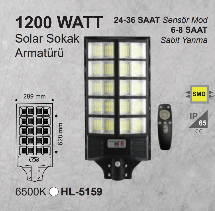 1200W Güneş Enerjili Solar LED Sokak Armatürü – 20000 mAh Batarya, IP65 Koruma, Sensörlü Beyaz Işık