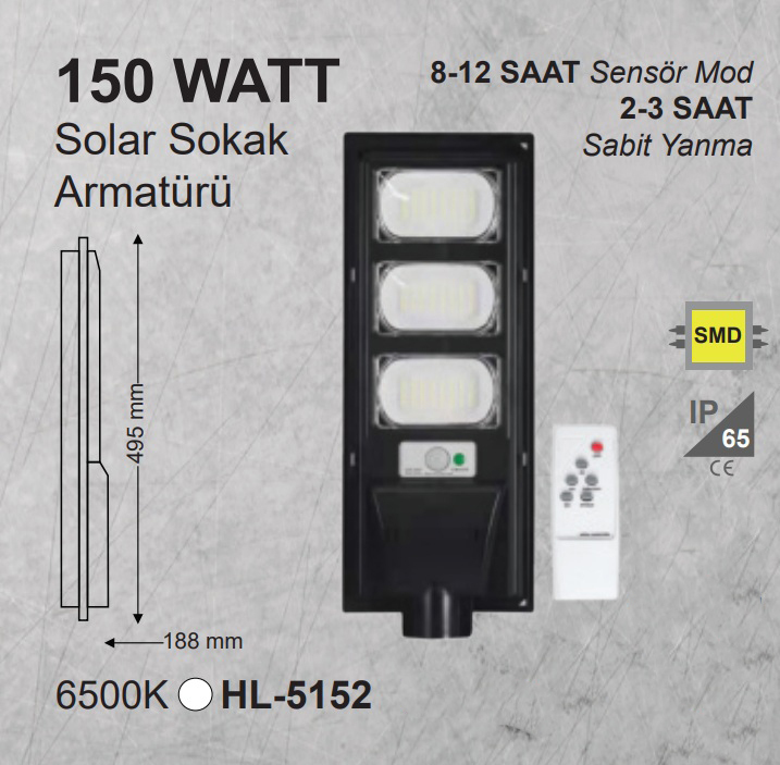 150W Güneş Enerjili Solar LED Sokak Armatürü – IP65 Su Geçirmez, Sensörlü Beyaz Işık
