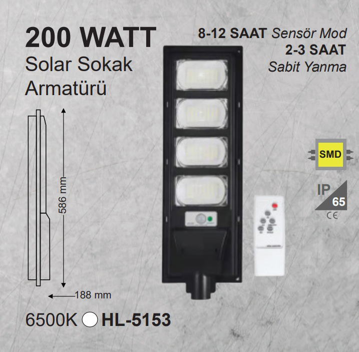 200W Güneş Enerjili Solar LED Sokak Armatürü – IP65 Koruma, Sensörlü Beyaz Işık