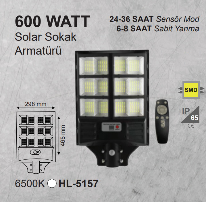 600W Güneş Enerjili Solar LED Sokak Armatürü – 12000 mAh Batarya, IP65 Koruma, Sensörlü Beyaz Işık