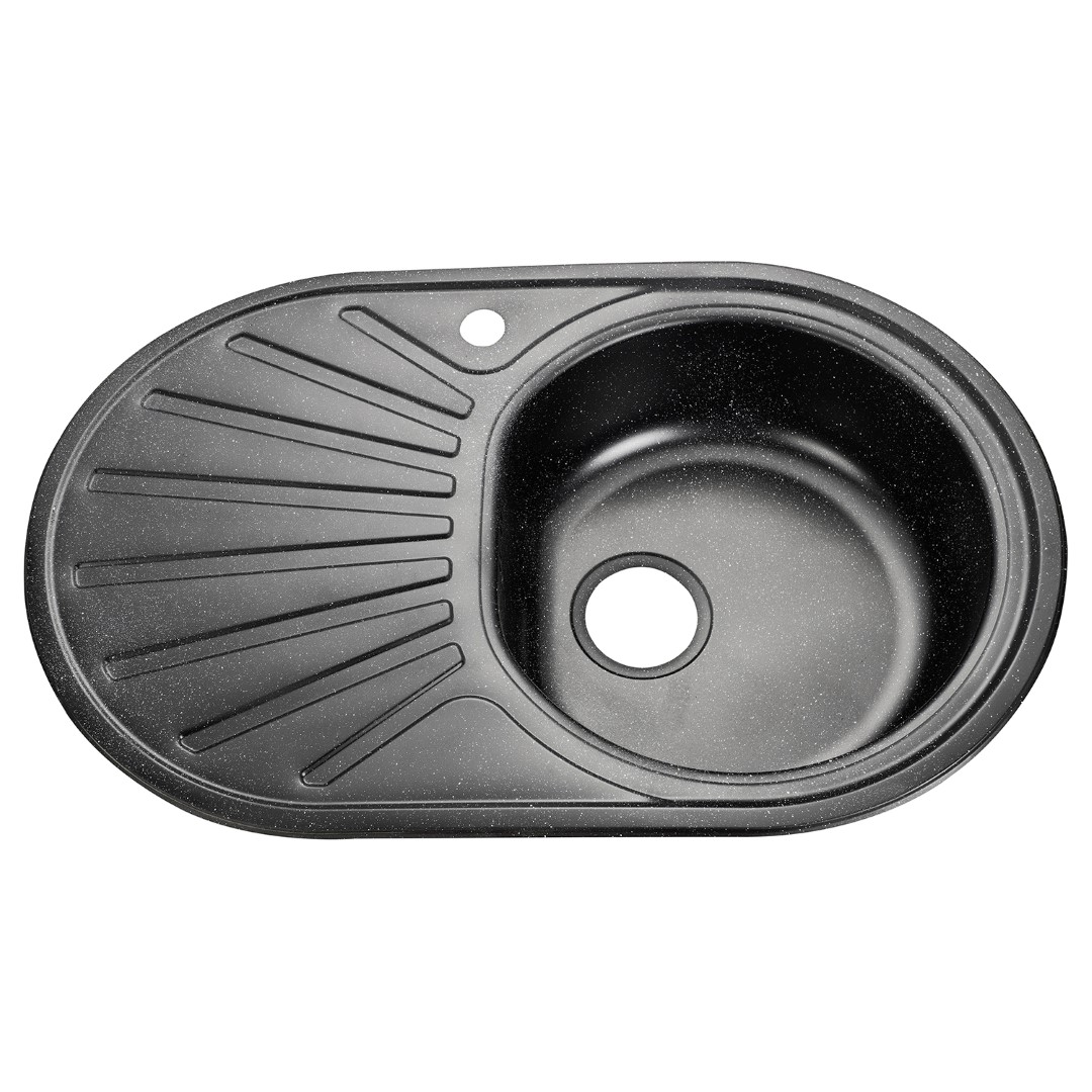 Ankastre Siyah Oval Eviye Granit Desenli Paslanmaz Çelik 48x78cm Sol Damlalıklı
