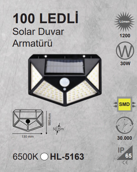 100 LED’li Solar Duvar Armatürü – Güneş Enerjili, Sensörlü, IP65 Suya Dayanıklı Dış Mekan Aydınlatma