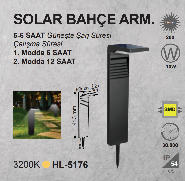 10W Güneş Enerjili Kazıklı Solar Bahçe Armatürü – Günışığı LED, IP54 Suya Dayanıklı