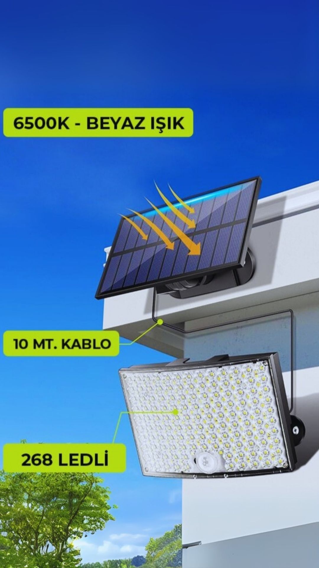 268 LED’li Solar Projektör – 60W Güneş Enerjili, Hareket Sensörlü, IP65 Suya Dayanıklı