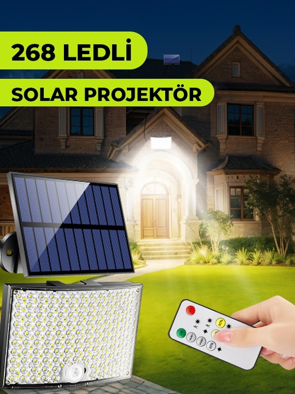 268 LED’li Solar Projektör – 60W Güneş Enerjili, Hareket Sensörlü, IP65 Suya Dayanıklı