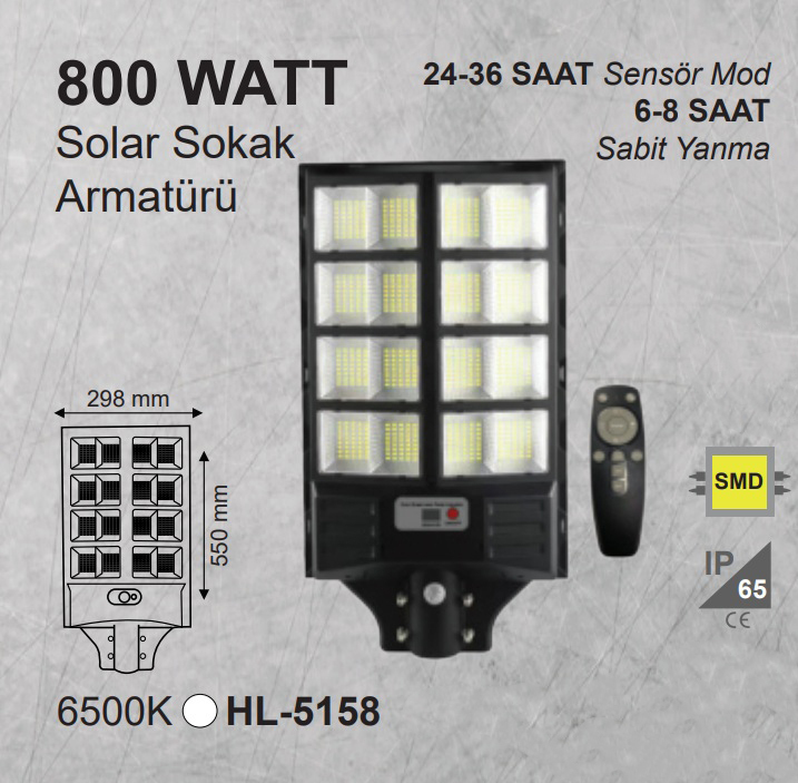 800W Güneş Enerjili Solar LED Sokak Armatürü – 15000 mAh Batarya, IP65 Koruma, Sensörlü Beyaz Işık