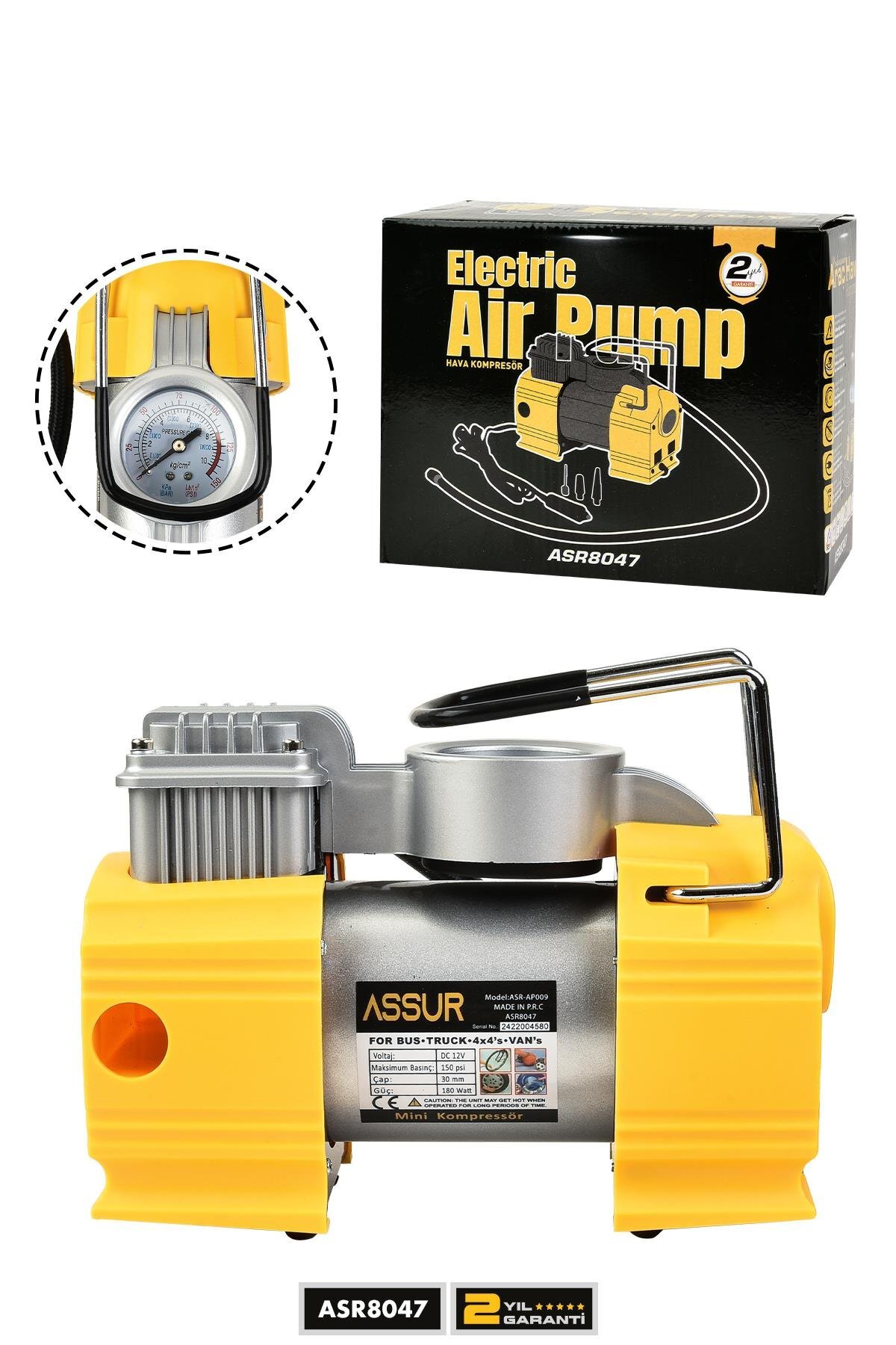 Assur 12V Çakmaklık Girişli 150 PSI Mini Taşınabilir Hava Kompresörü