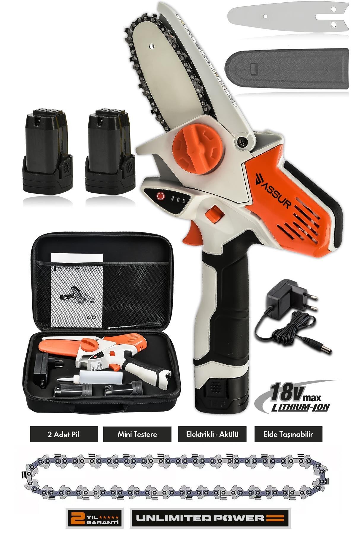 Assur 18V Çift Akülü Şarjlı Budama Testere – 15 cm Pala, Çantalı Dal Kesme Makinesi