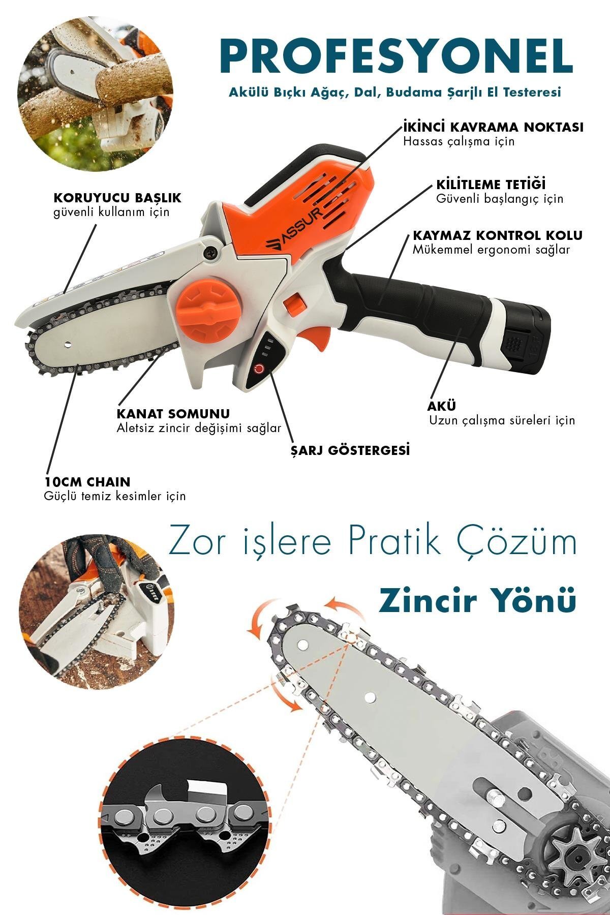 Assur 18V Çift Akülü Şarjlı Budama Testere – 15 cm Pala, Çantalı Dal Kesme Makinesi