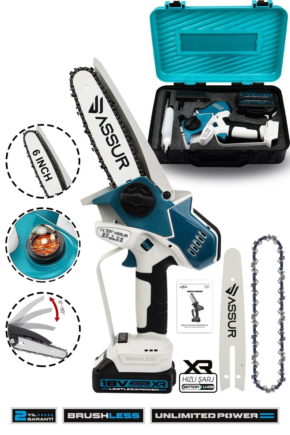 Assur 18V Çift Akülü Şarjlı Budama Testere – 15 cm Pala, Otomatik Yağlamalı Kömürsüz Motor
