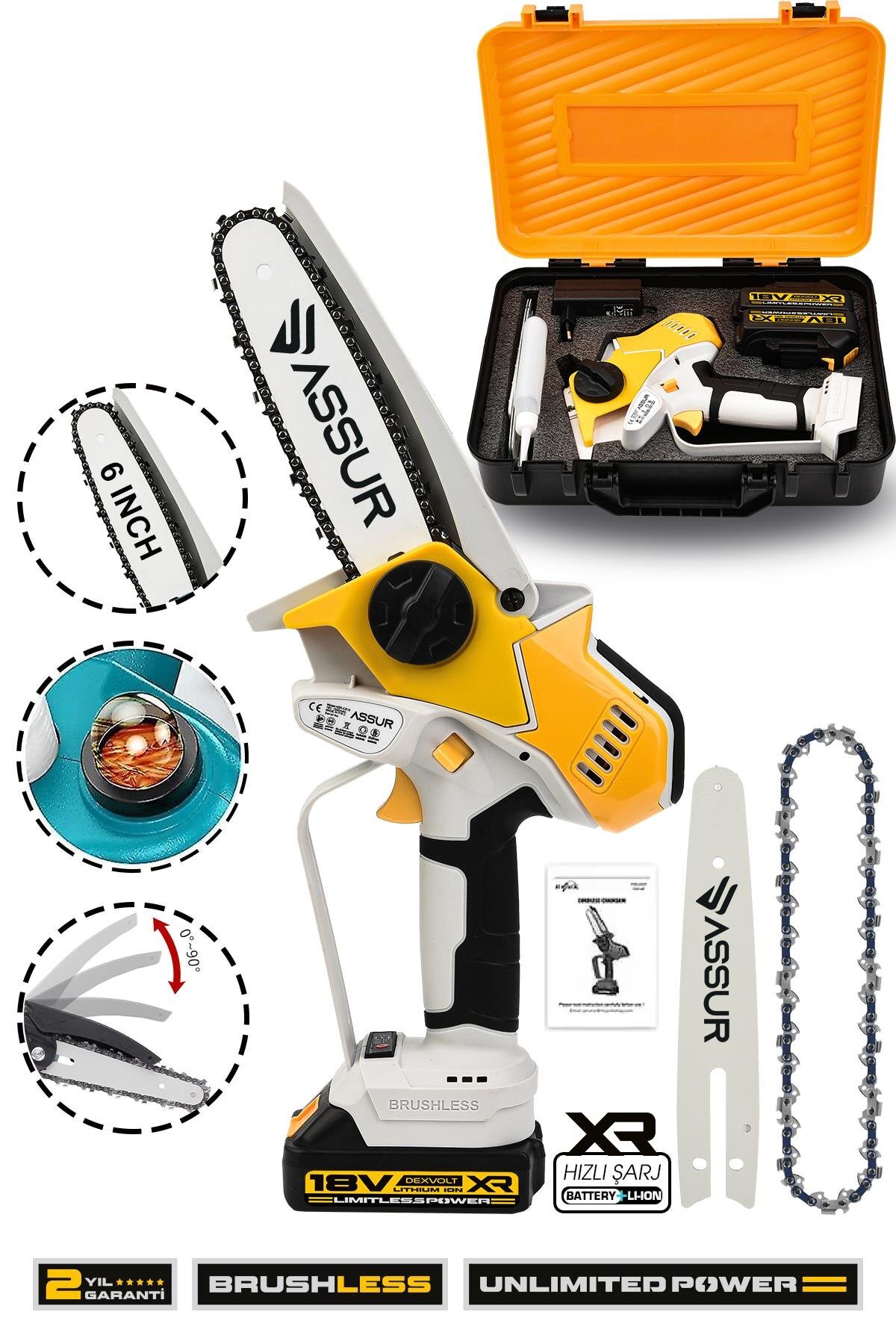 Assur 18V Çift Akülü Şarjlı Budama Testere – 15 cm Pala, Otomatik Yağlamalı Kömürsüz Motor