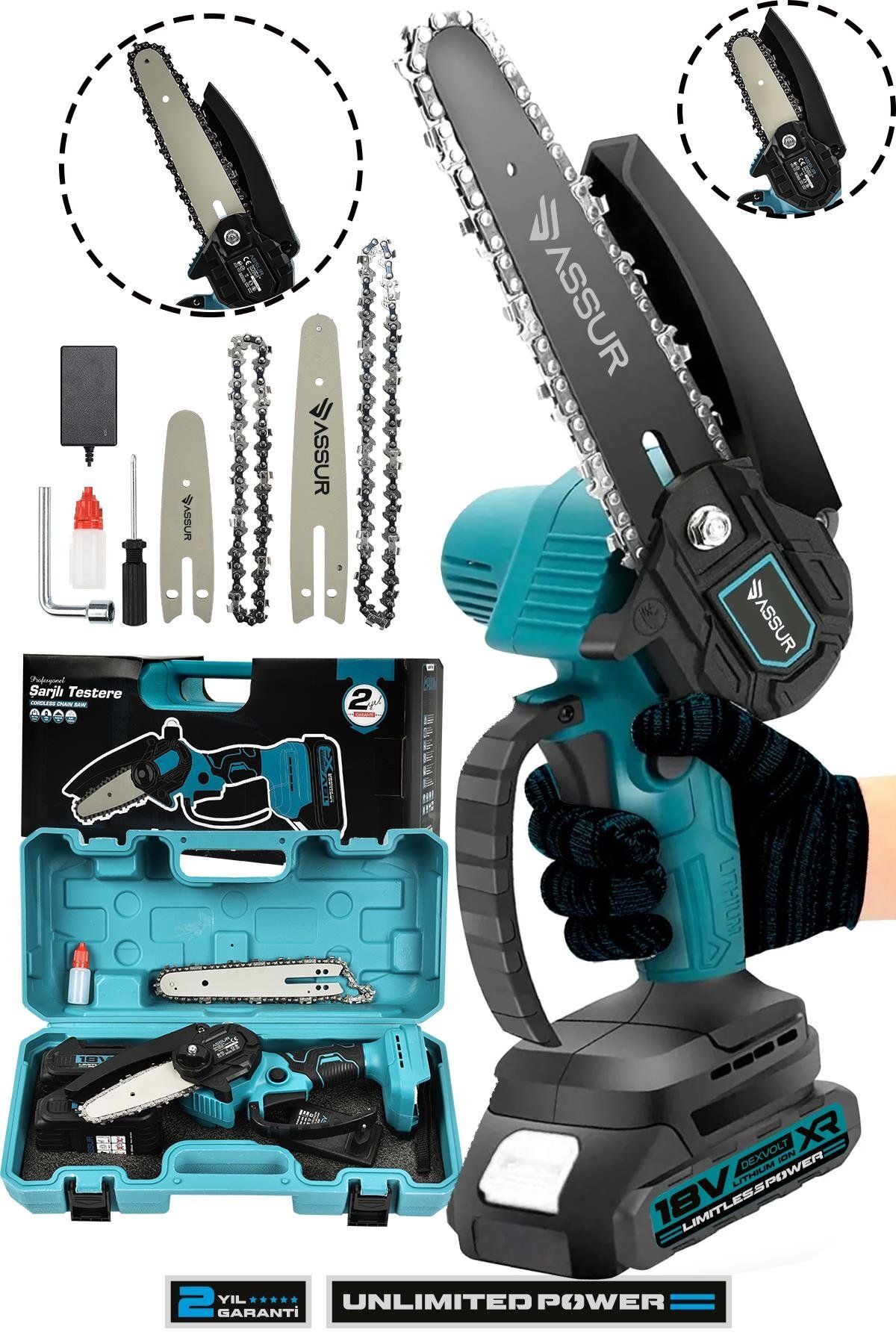 Assur 18V Çift Akülü Şarjlı Budama Testere – Ağaç, Odun ve Dal Kesme