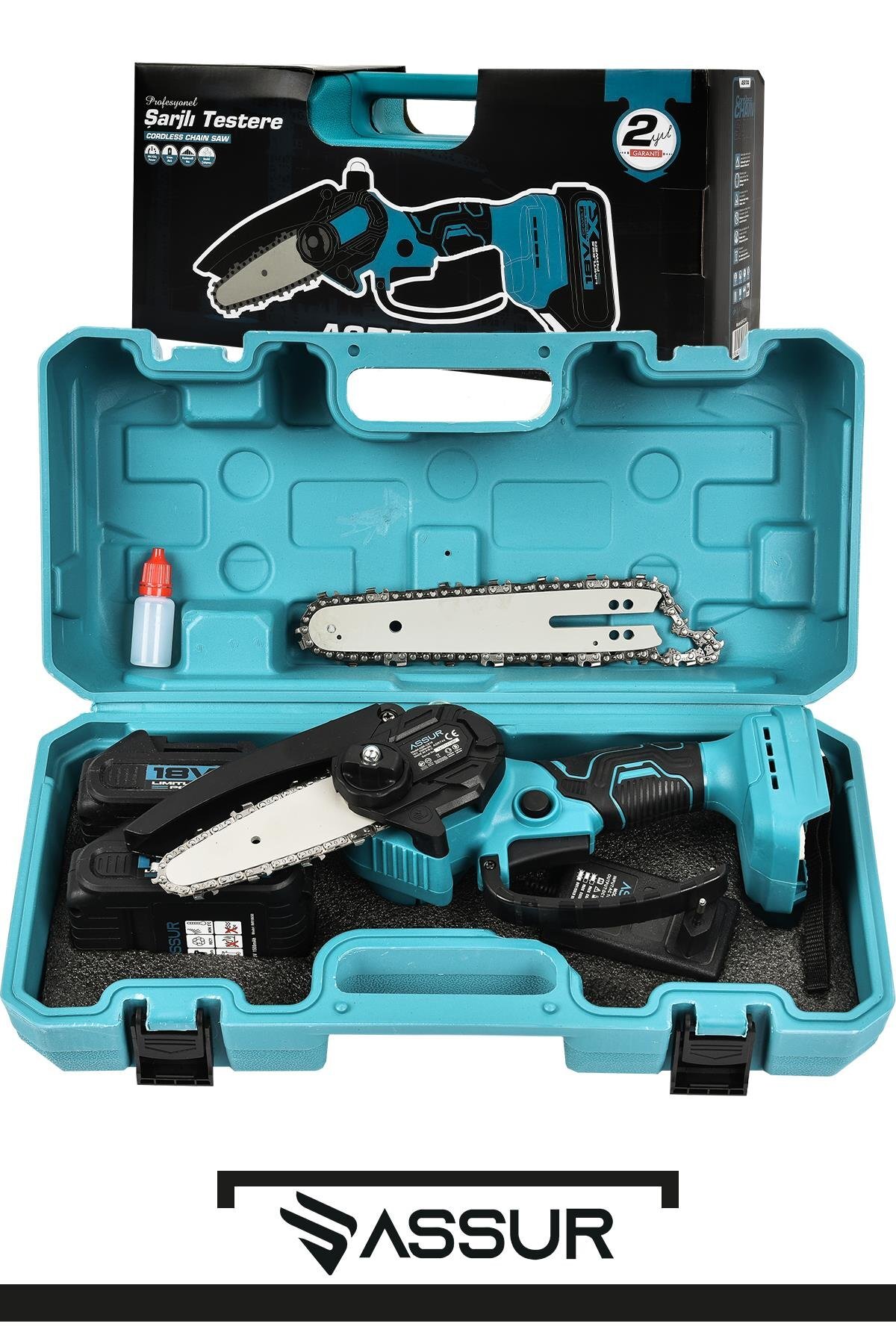 Assur 18V Çift Akülü Şarjlı Budama Testere – Ağaç, Odun ve Dal Kesme