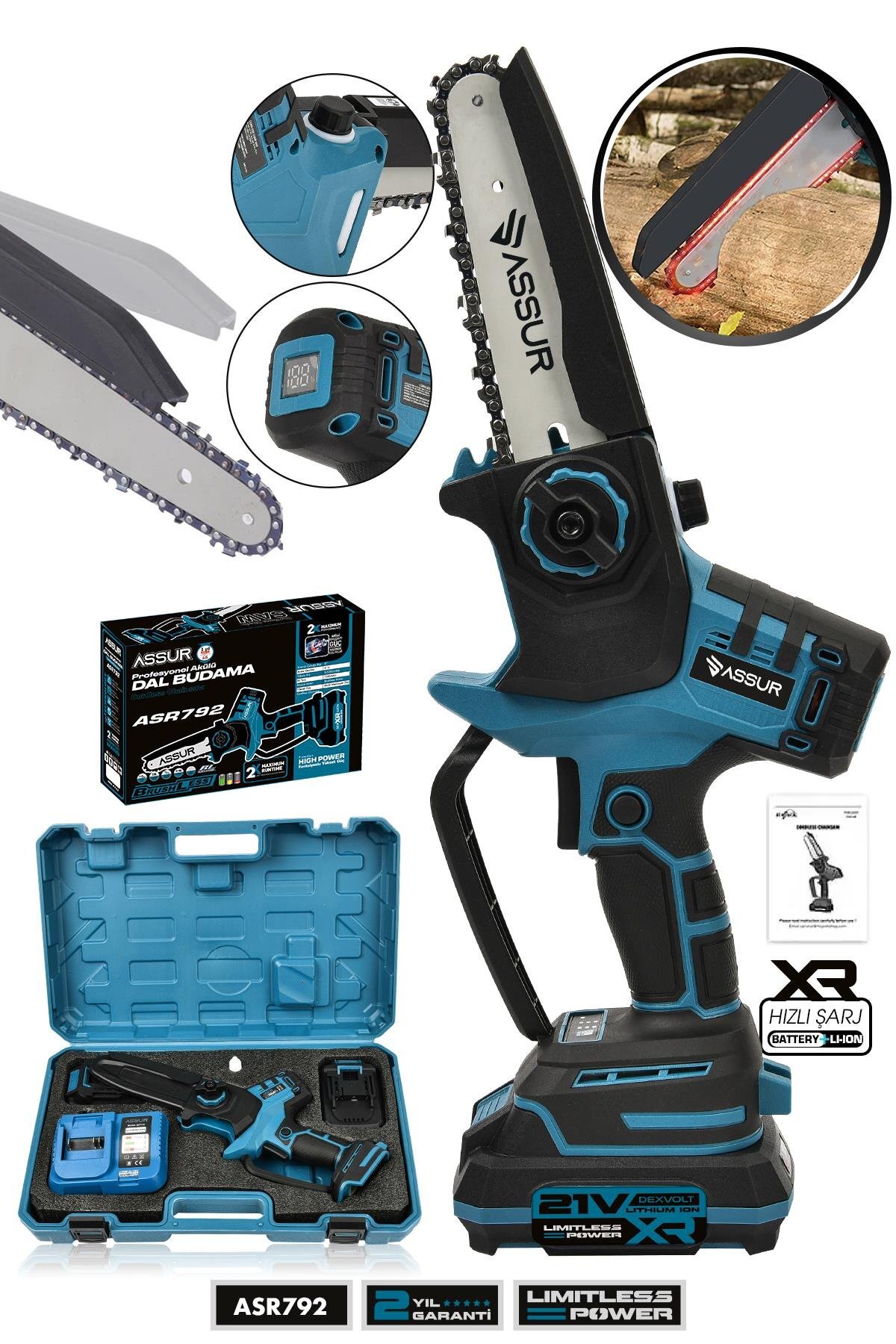Assur 21V Çift Akülü Şarjlı Budama Testere – 15 cm Pala, Kömürsüz Motor, Otomatik Yağlamalı Kesim Motoru