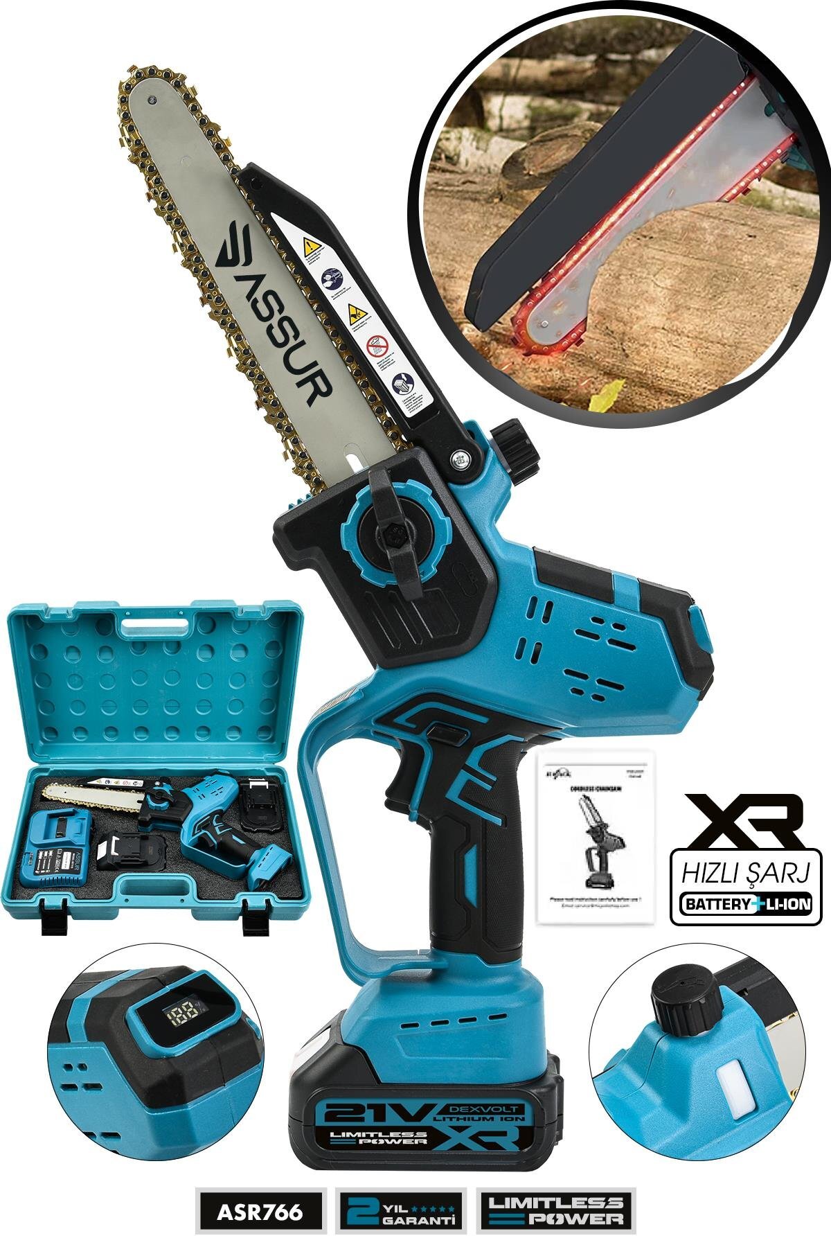 Assur 21V Çift Akülü Şarjlı Budama Testere – 20 cm Pala, Otomatik Yağlamalı, Dijital Göstergeli