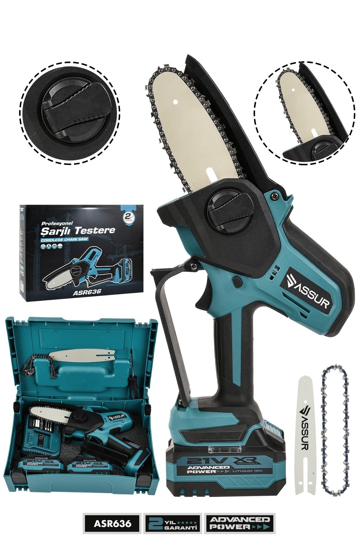 Assur 21V Çift Akülü Şarjlı Budama Testeresi – Ağaç, Odun ve Dal Kesme