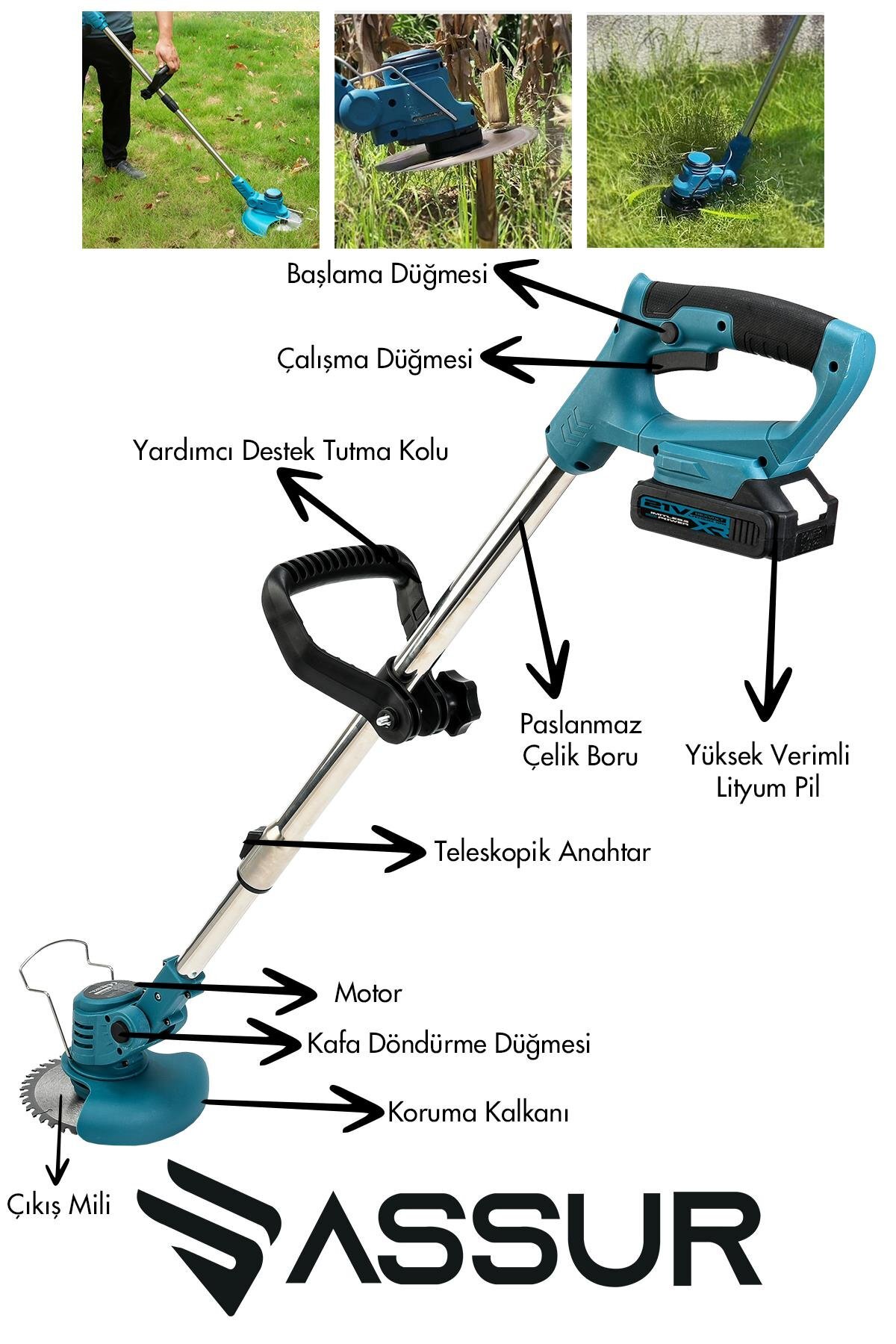 Assur 21V Çift Akülü Teleskopik Şarjlı Çim Biçme Makinesi – Uzatma Kollu Çalı ve Ot Tırpanı (Mavi, Sarı, Kırmızı)