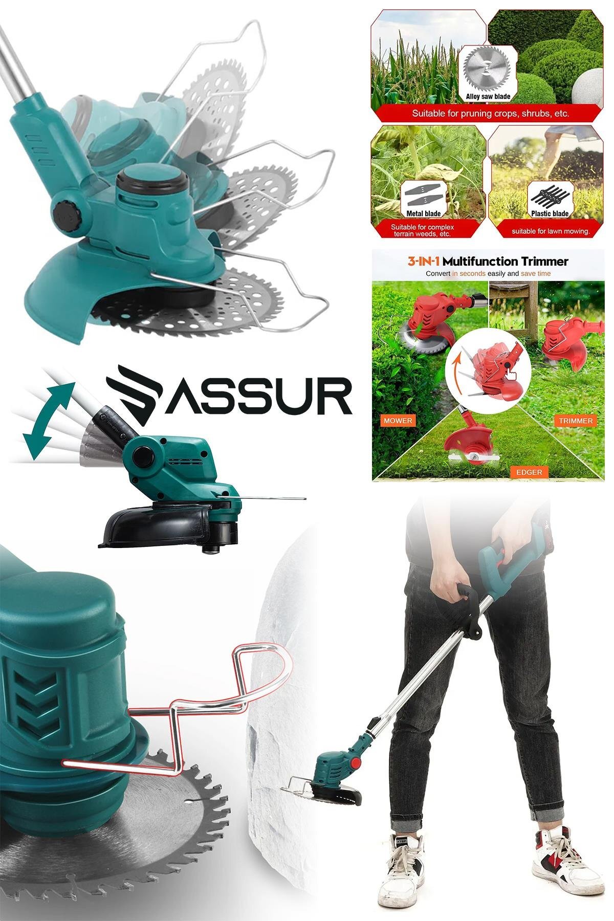 Assur 21V Çift Akülü Teleskopik Şarjlı Çim Biçme Makinesi – Uzatma Kollu Çalı ve Ot Tırpanı (Mavi, Sarı, Kırmızı)