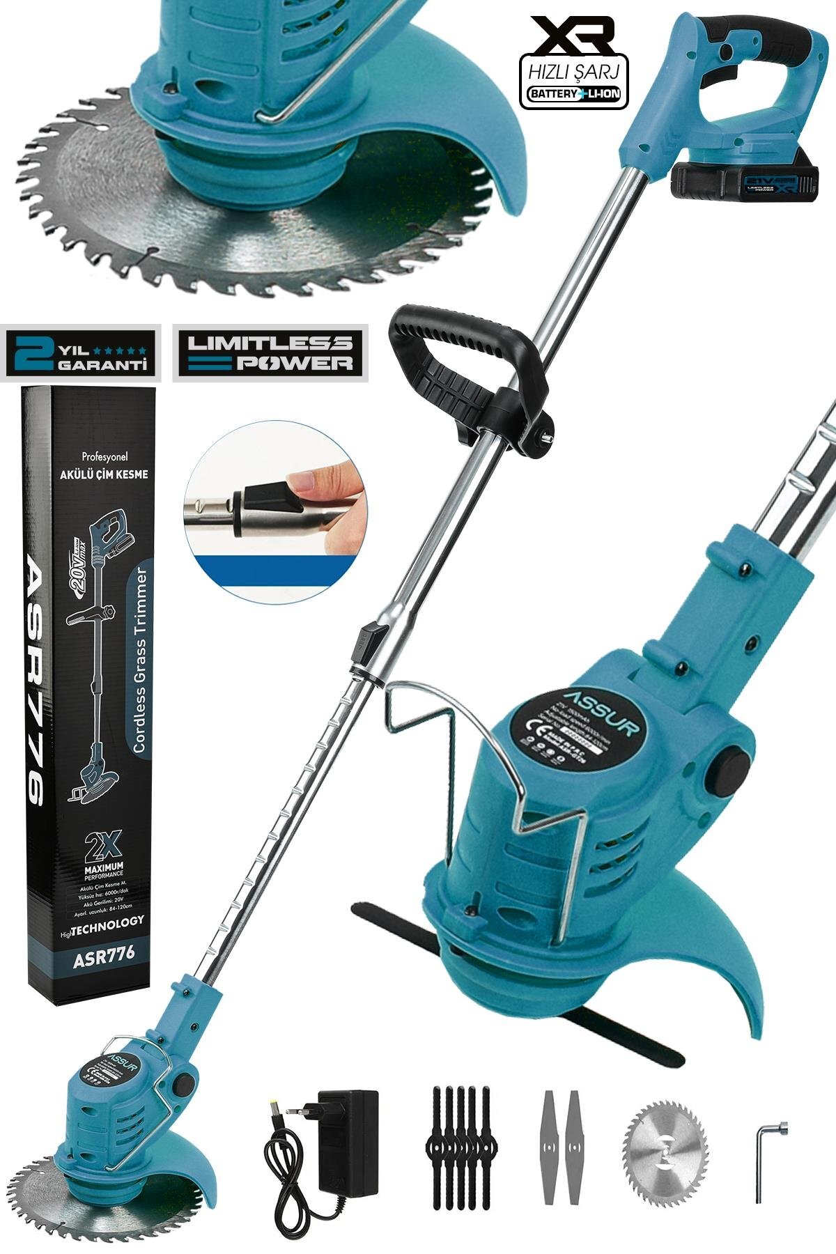 Assur 21V Çift Akülü Teleskopik Şarjlı Çim Biçme Makinesi – Uzatma Kollu Çalı ve Ot Tırpanı (Mavi, Sarı, Kırmızı)