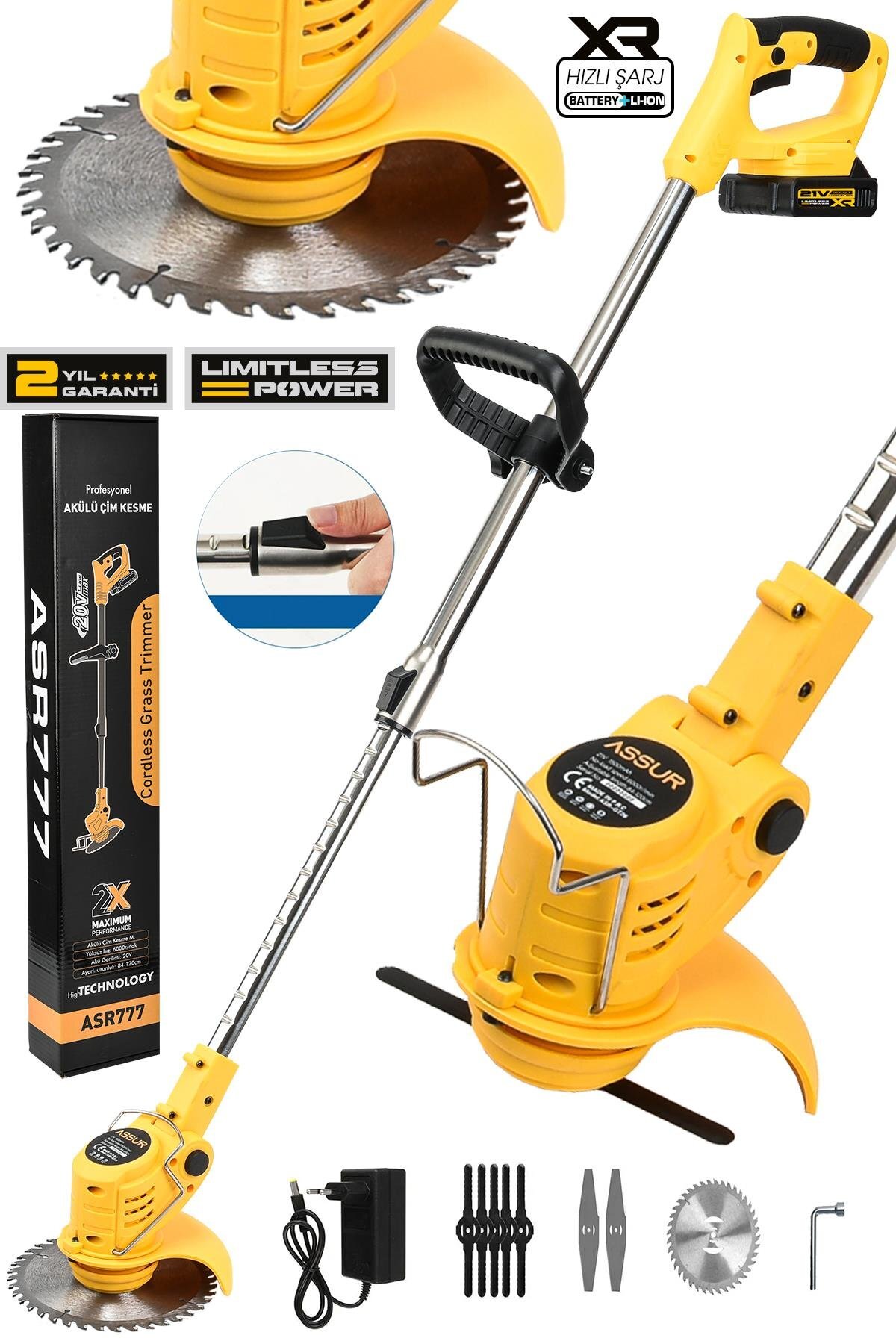 Assur 21V Çift Akülü Teleskopik Şarjlı Çim Biçme Makinesi – Uzatma Kollu Çalı ve Ot Tırpanı (Mavi, Sarı, Kırmızı)