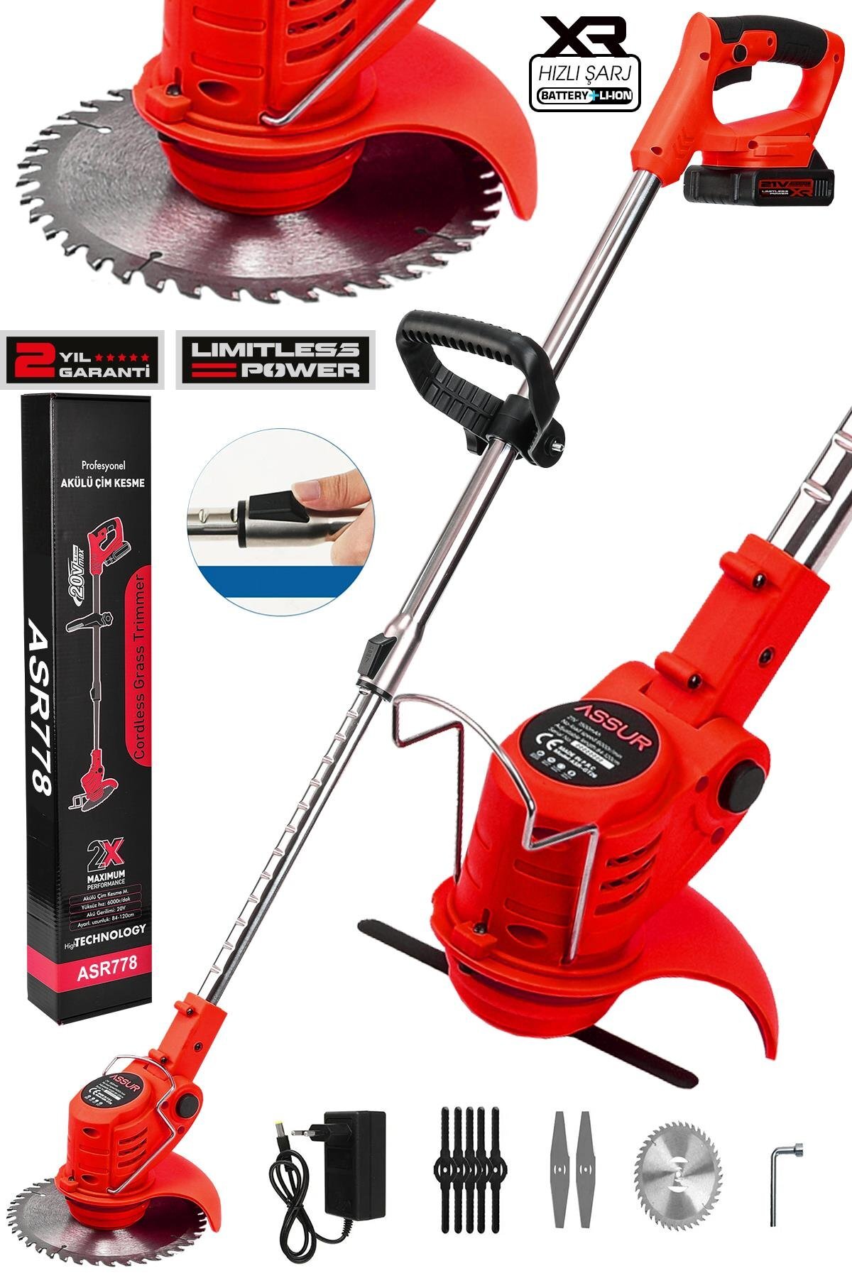 Assur 21V Çift Akülü Teleskopik Şarjlı Çim Biçme Makinesi – Uzatma Kollu Çalı ve Ot Tırpanı (Mavi, Sarı, Kırmızı)