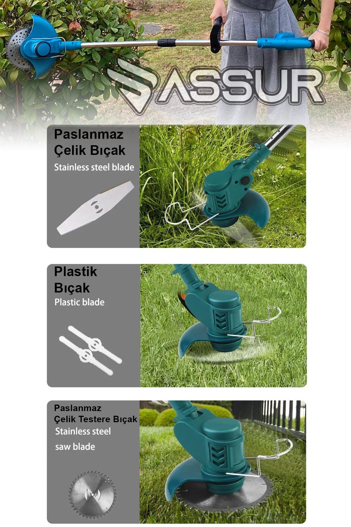 Assur 21V Çift Akülü Teleskopik Şarjlı Çim Biçme Makinesi – Uzatma Kollu Çalı ve Ot Tırpanı (Mavi, Sarı, Kırmızı)