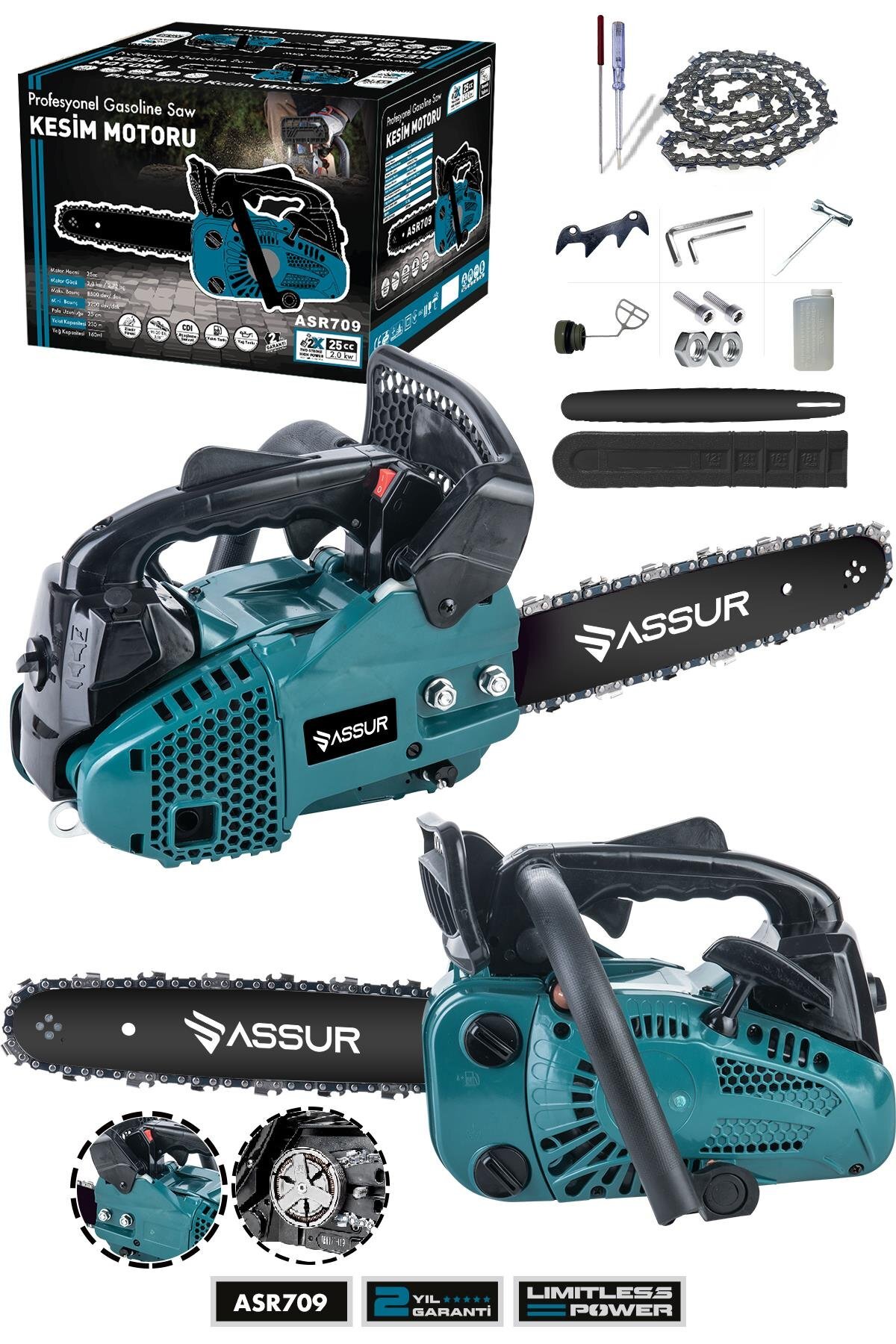 Assur 25cc Mini Benzinli Testere – Ağaç, Odun ve Dal Budama Kesme Motoru (Hızar)