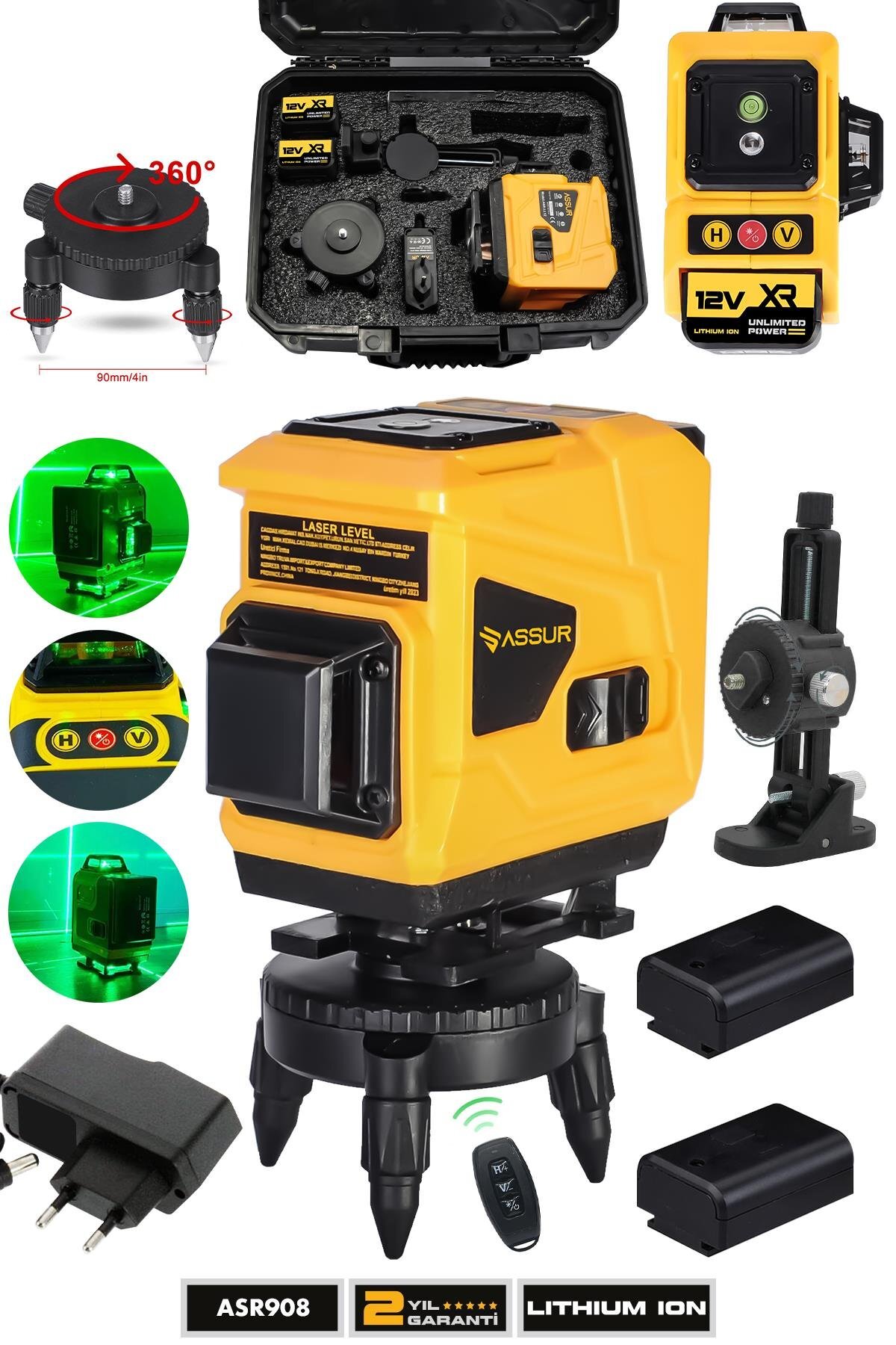 Assur Profesyonel 360° 12 Köşe Lazer Metre – Otomatik Hizalamalı, Yeşil Çizgili, Su Terazili Akülü Hizalama Cihazı
