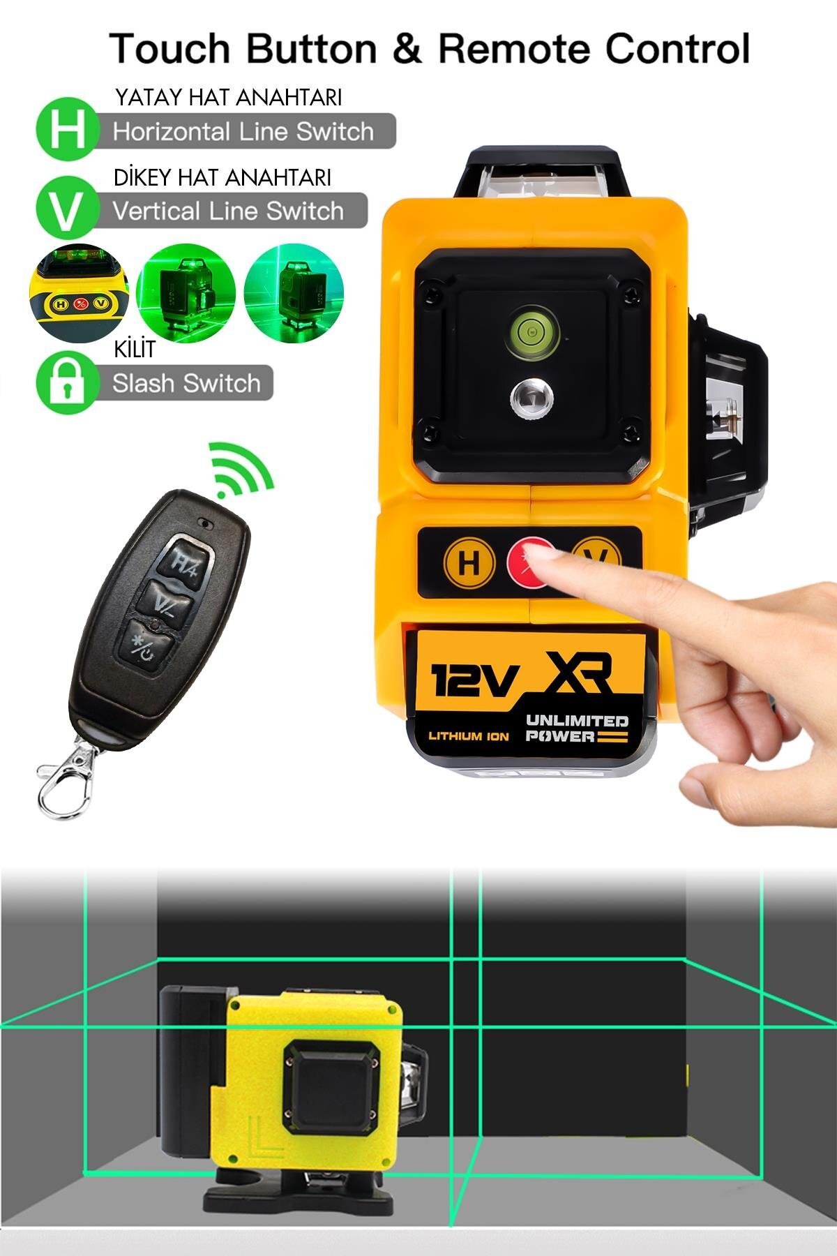 Assur Profesyonel 360° 12 Köşe Lazer Metre – Otomatik Hizalamalı, Yeşil Çizgili, Su Terazili Akülü Hizalama Cihazı