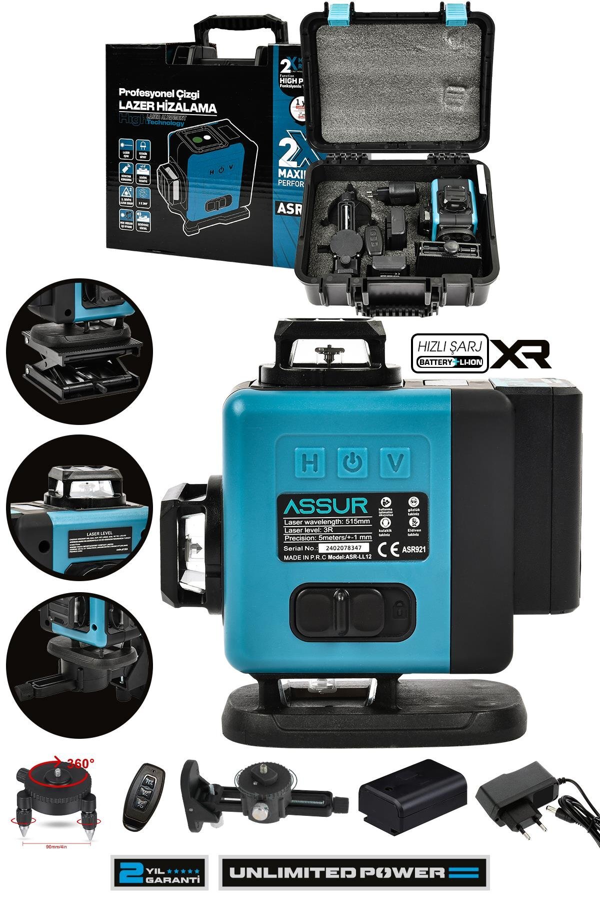 Assur Profesyonel 360° 16 Çizgi Lazer Metre – Otomatik Hizalamalı, Yeşil Çizgili, Akülü Hizalama Cihazı